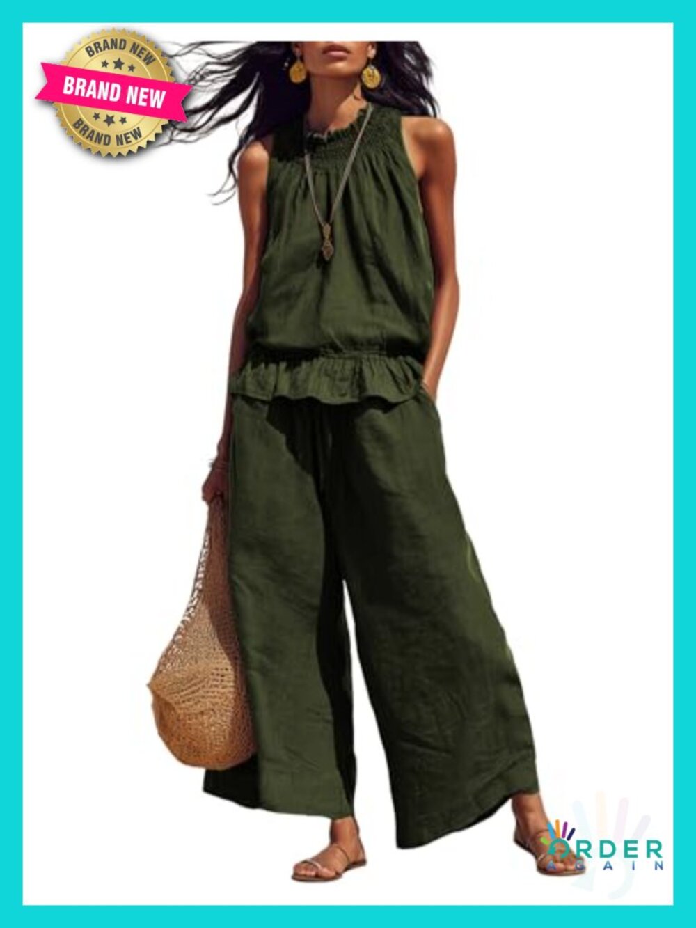 Linen 2 Piece Outfit Sleeveless Ruffle Top Wide Leg Pants Summer Loungewear